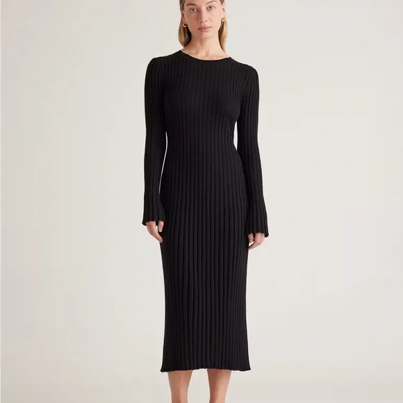 Quince Womens Cotton Cashmere Ribbed Long Sleeve Crew Midi Dress Black M - Picture 4 of 4